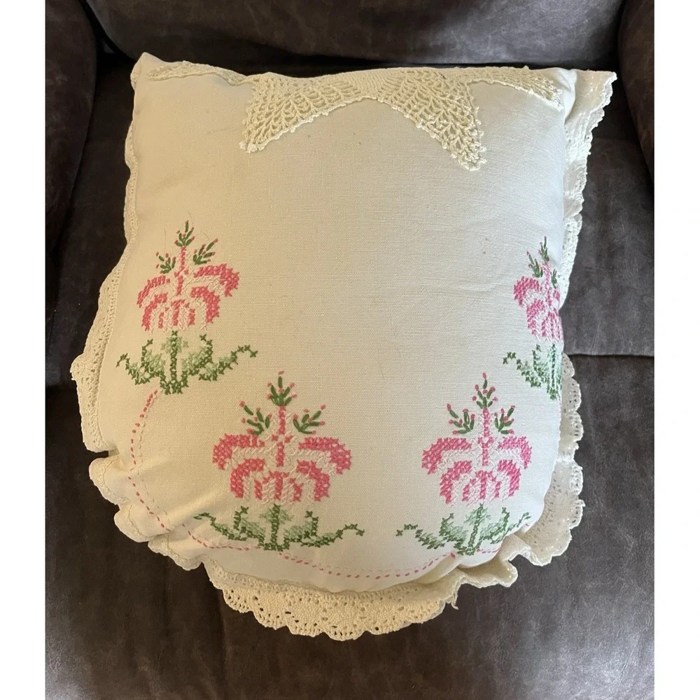 Vintage‎ Handmade Cross Stitch Floral Throw Pillow Cottagecore Shabby Chic Decor